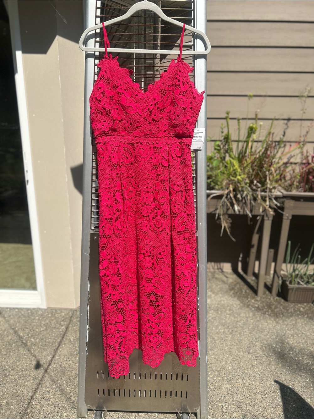 Fuchsia Lace Midi Dress with Spaghetti Straps